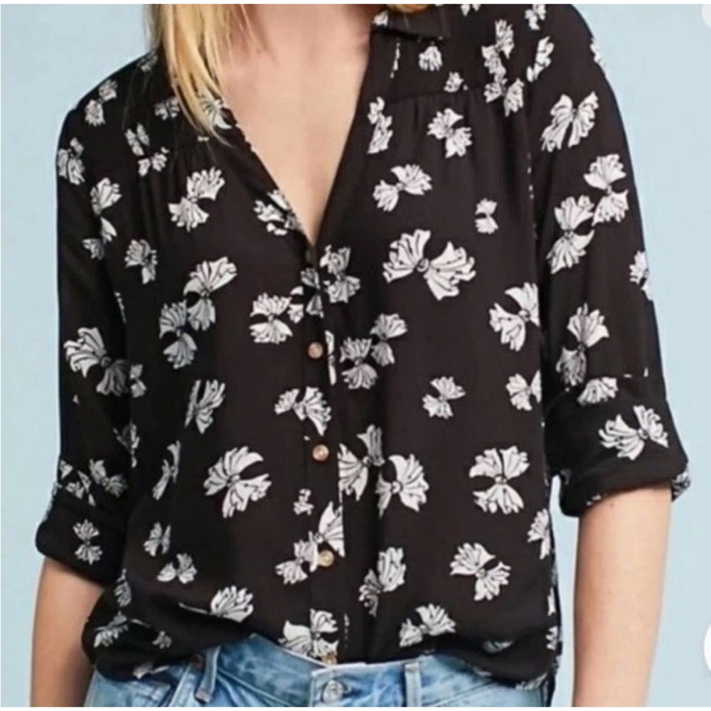 Maeve Anthropologie Emory Black White Bow Print Button Down Blouse Shirt